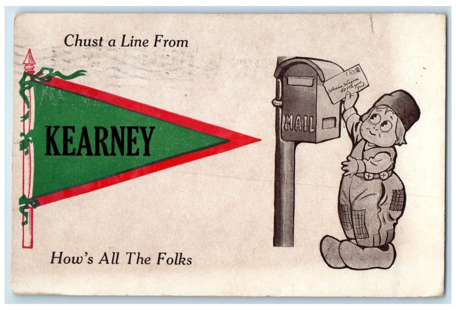 1912 Chust Line From Kearney Nebraska Dutch Kid Mail Pennant NE Vintage Postcard