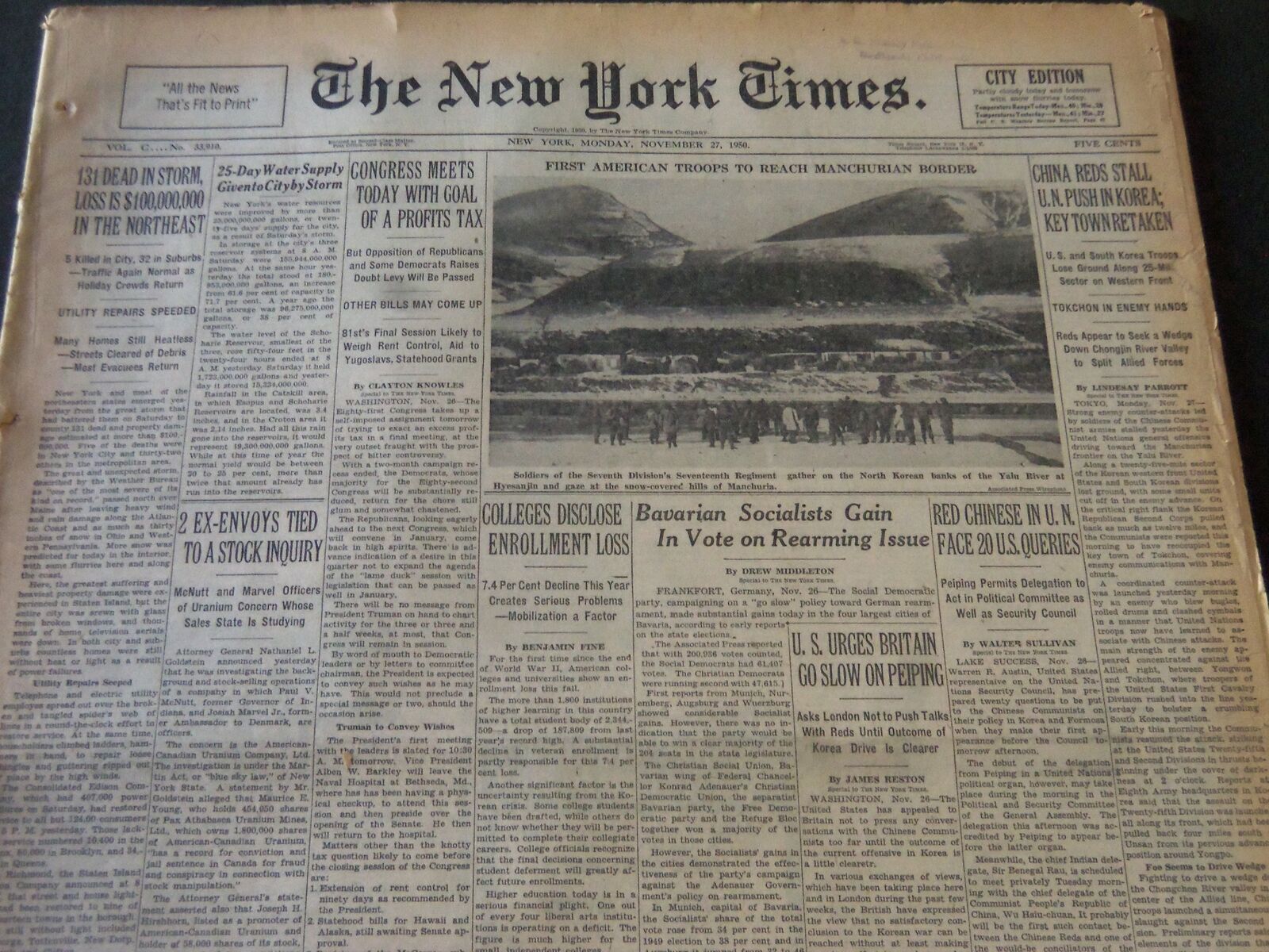 1950 NOV 27 NEW YORK TIMES - AMERICAN TROOPS REACH MANCHURIAN BORDER - NT 5979