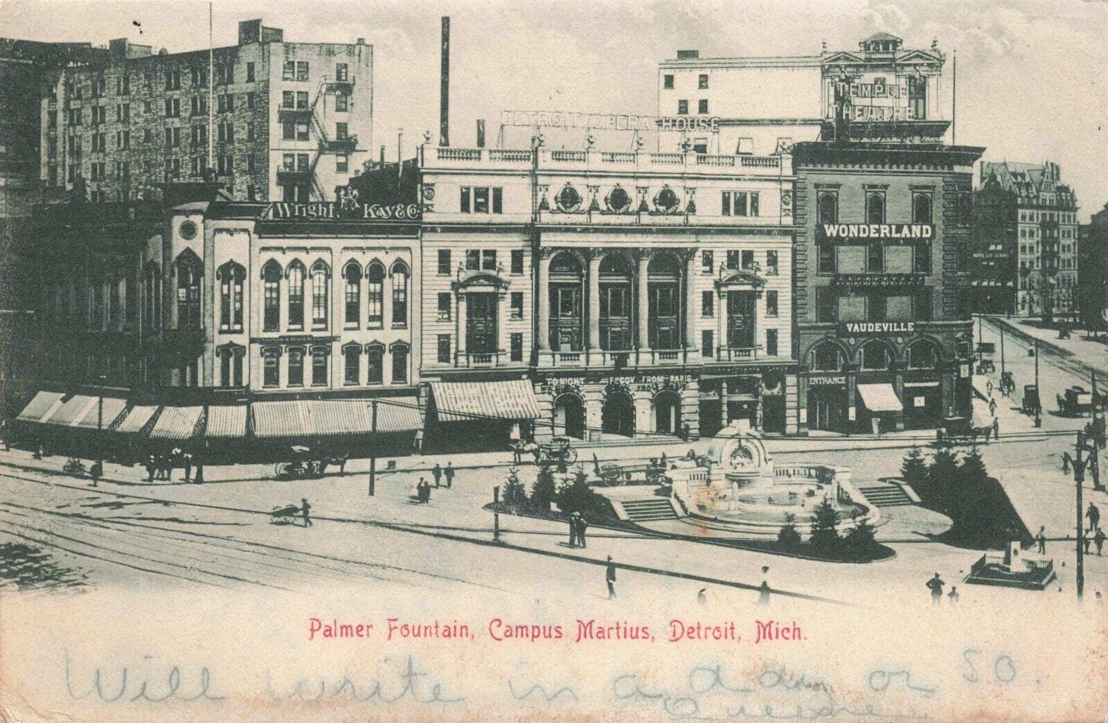 Postcard MI Detroit 1905 Palmer Fountain Campus Martius Opera House Wonderland