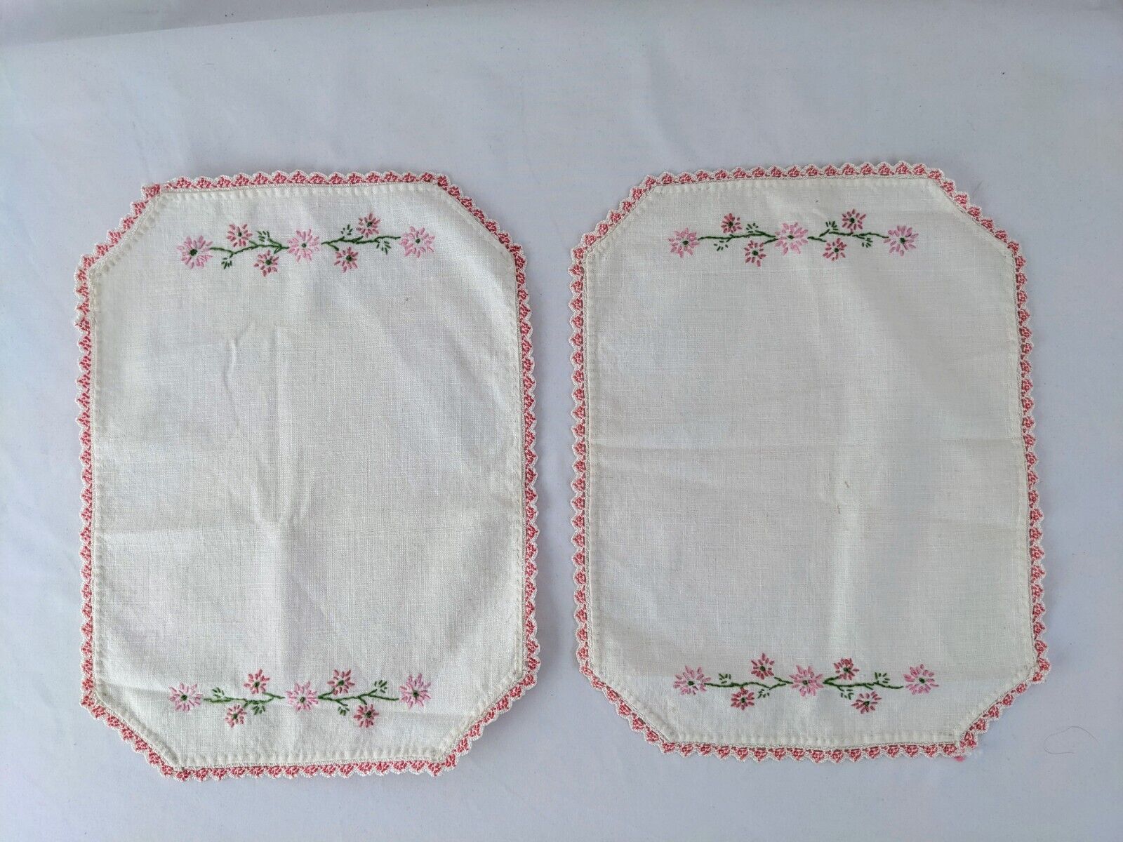 VTG Pair Dresser Table Scarves Hand Embroidered Pink Flowers Lace Cottagecore 
