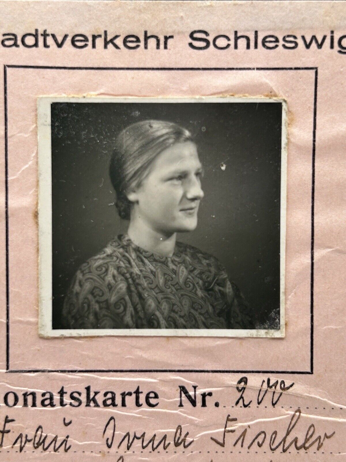 Pre WW2 Used Monthly City Transit Pass 1938 To Young German Woman