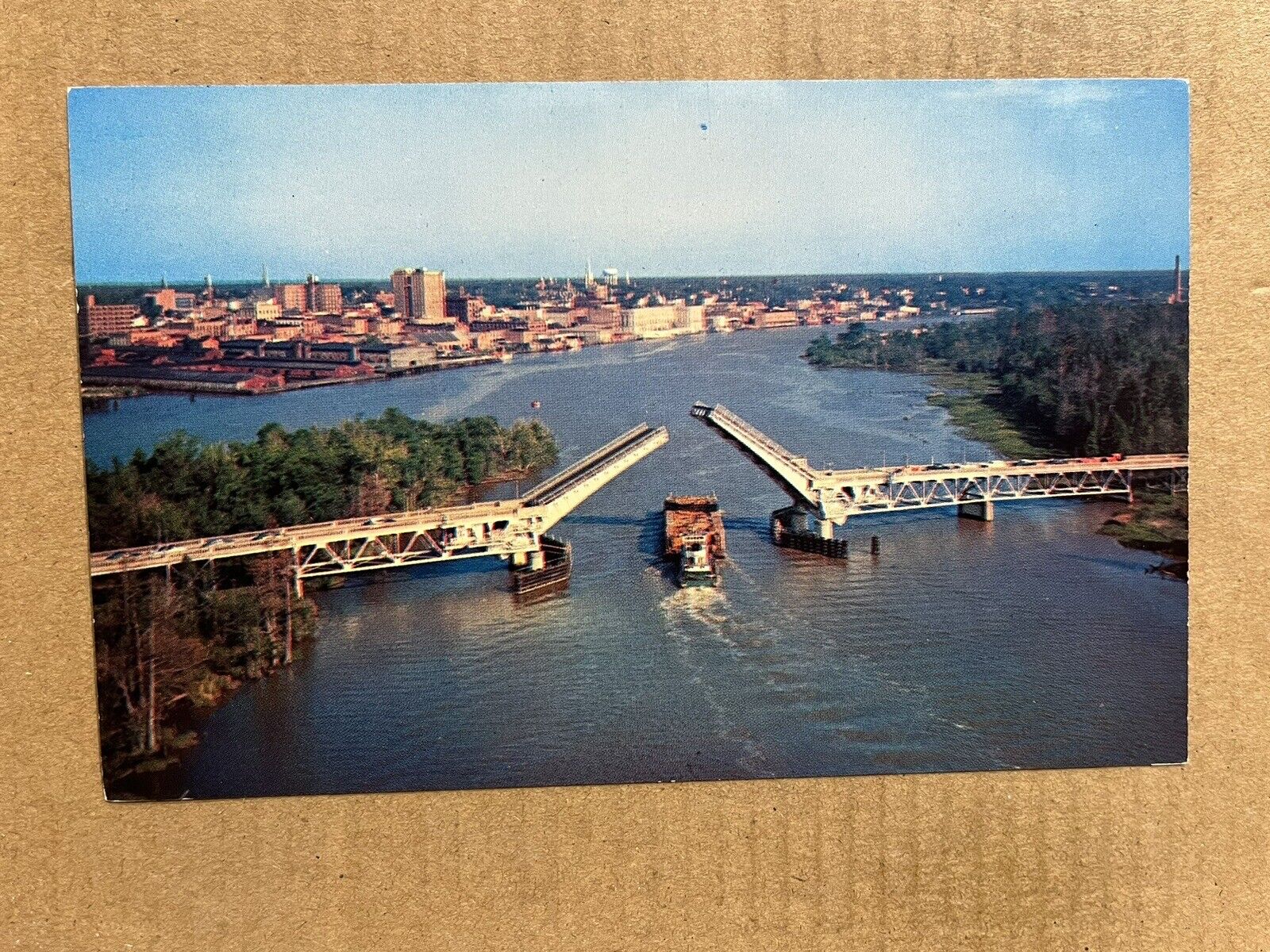 Postcard Wilmington NC North Carolina River Aerial View Boat Bridge Vintage PC
