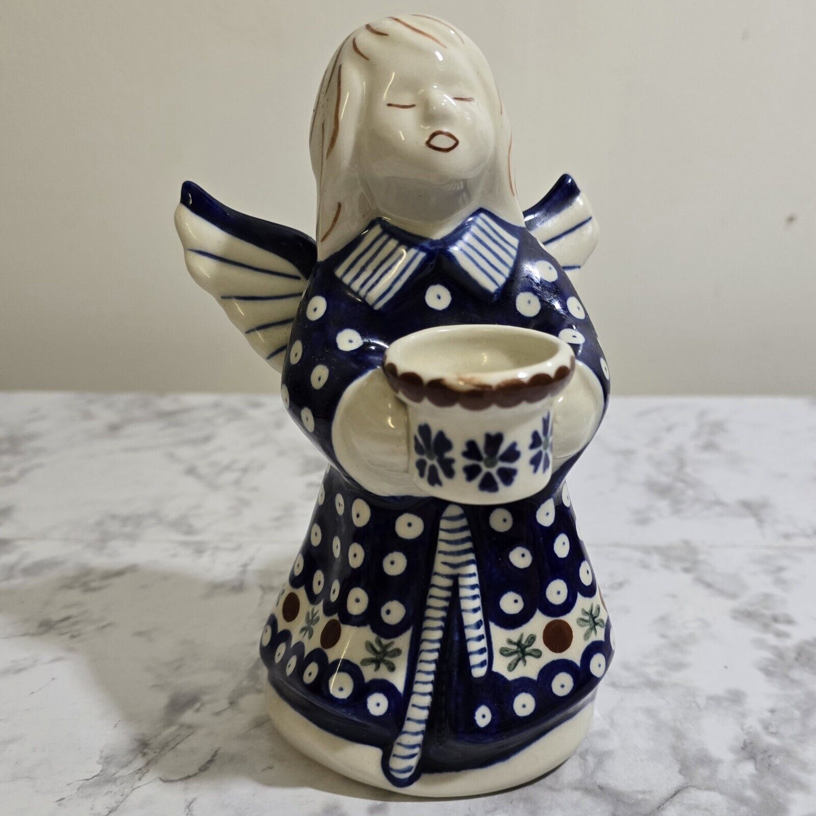 Vintage Wiza Pottery Boleslawiec Poland Handmade Angel Taper Candle Holder