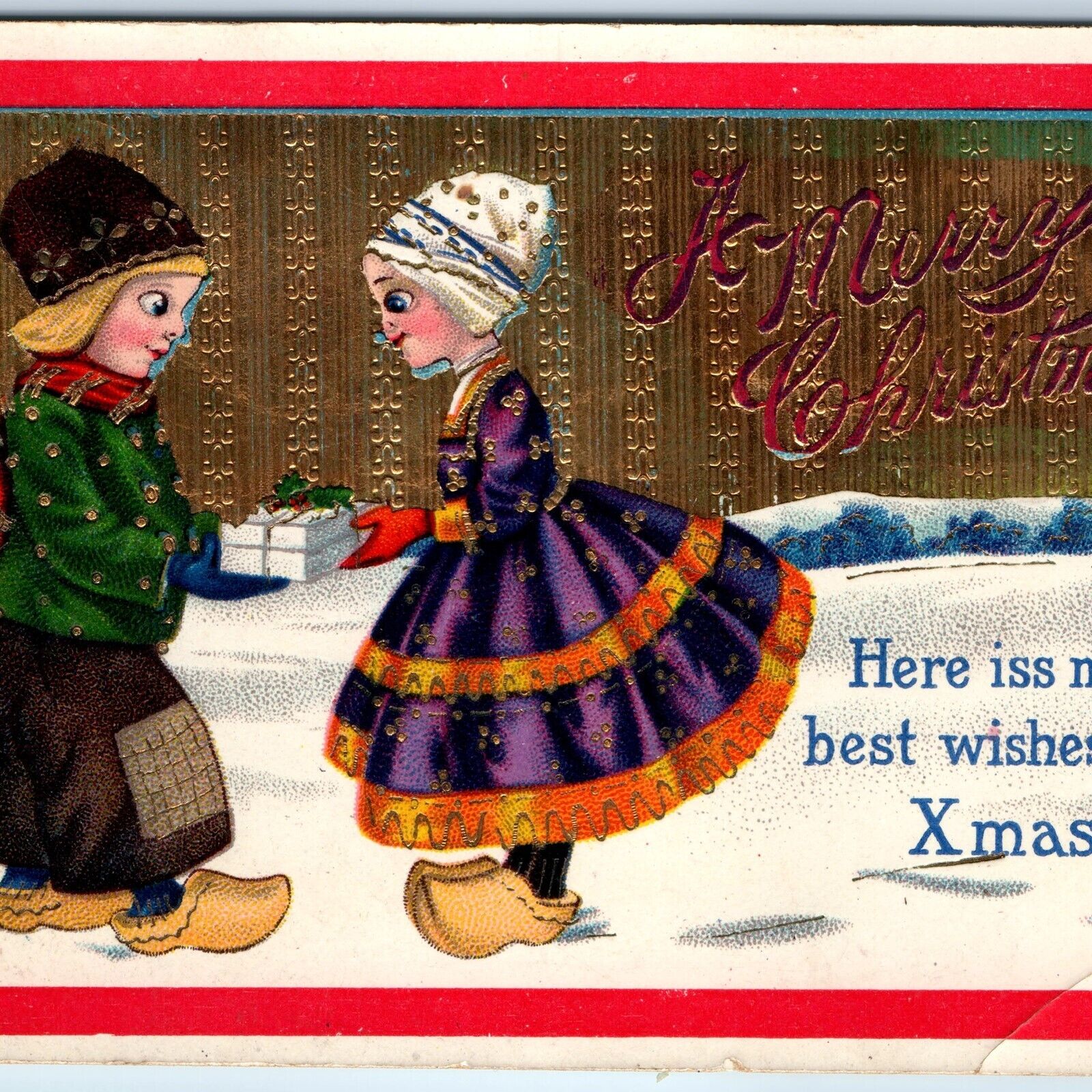 c1910s Merry Christmas Xmas Gift Traditional Clog Gilt Gel Postcard Embossed A66