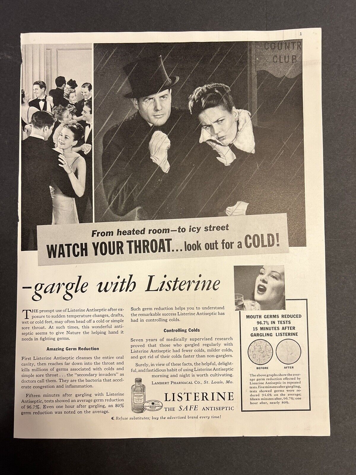 Vtg 1930s Lambert Pharmacal Co., Listerine Antiseptic AD, Bathroom Decor
