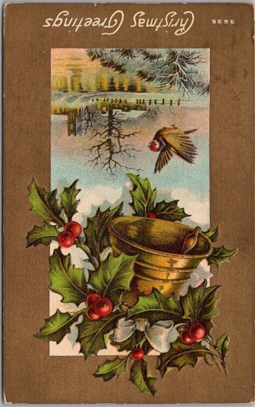1909 CHRISTMAS Embossed Greetings Postcard Gold Bell / Frozen Lake Scene / House