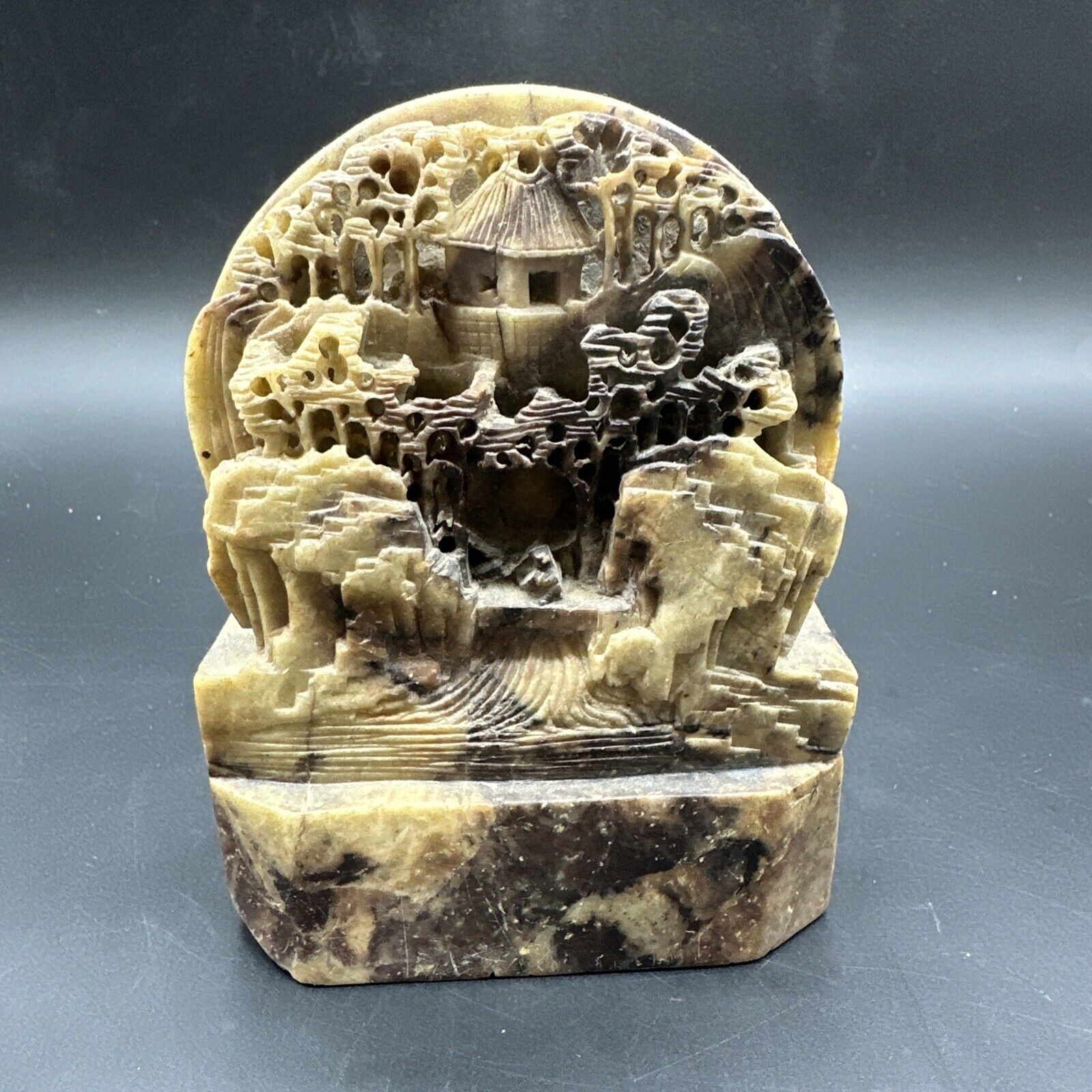 Vintage Chinese Carved Soapstone Marble Mountain Village Figurine Sculpture