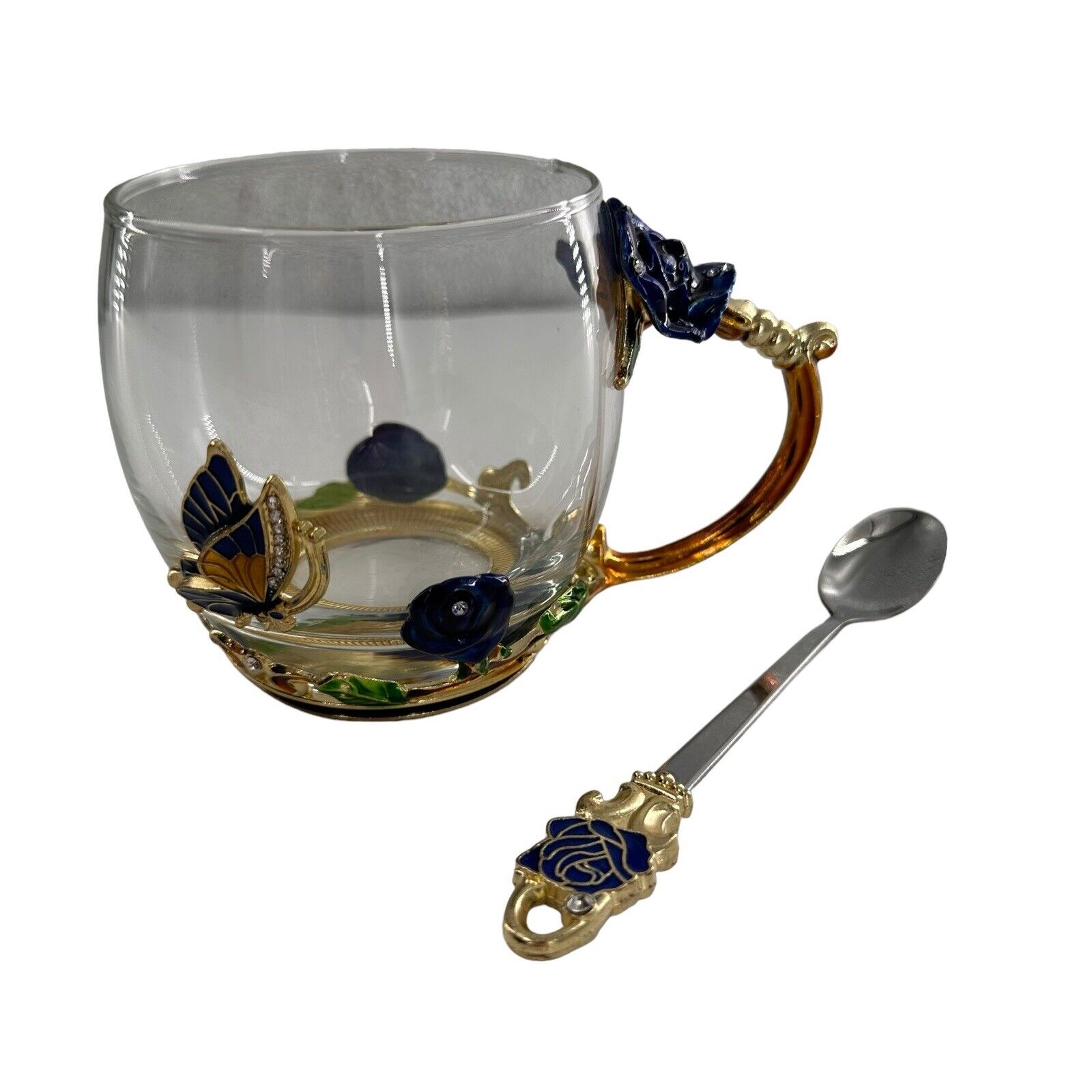 Vintage Clear Glass Enamel Flower Daisy Butterfly Tea Cup Spoon Roses Rhinestone