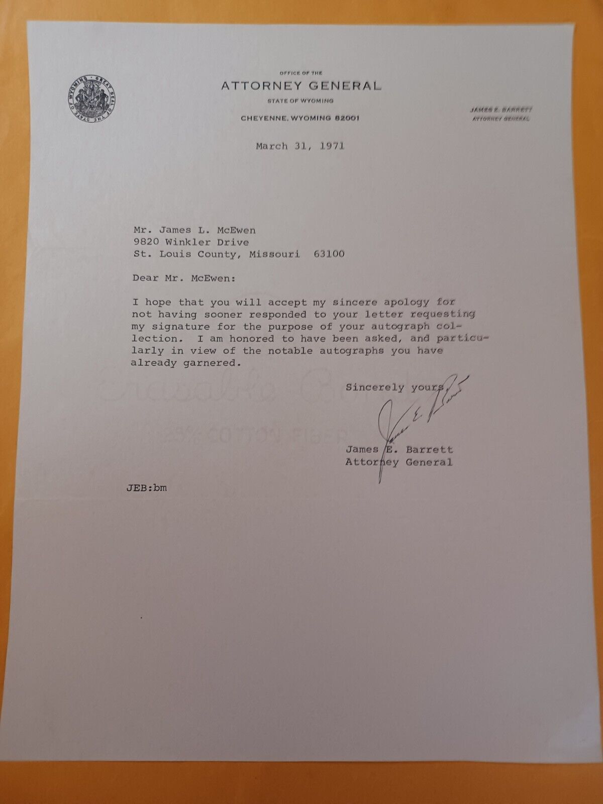 James E. Barrett (d. 2011) Signed 1971 Letter - Wyoming Attorney General - Judge