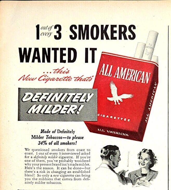 1944 All American Cigarettes Print Ad Smokers Patriotic Innovative Man Woman 128
