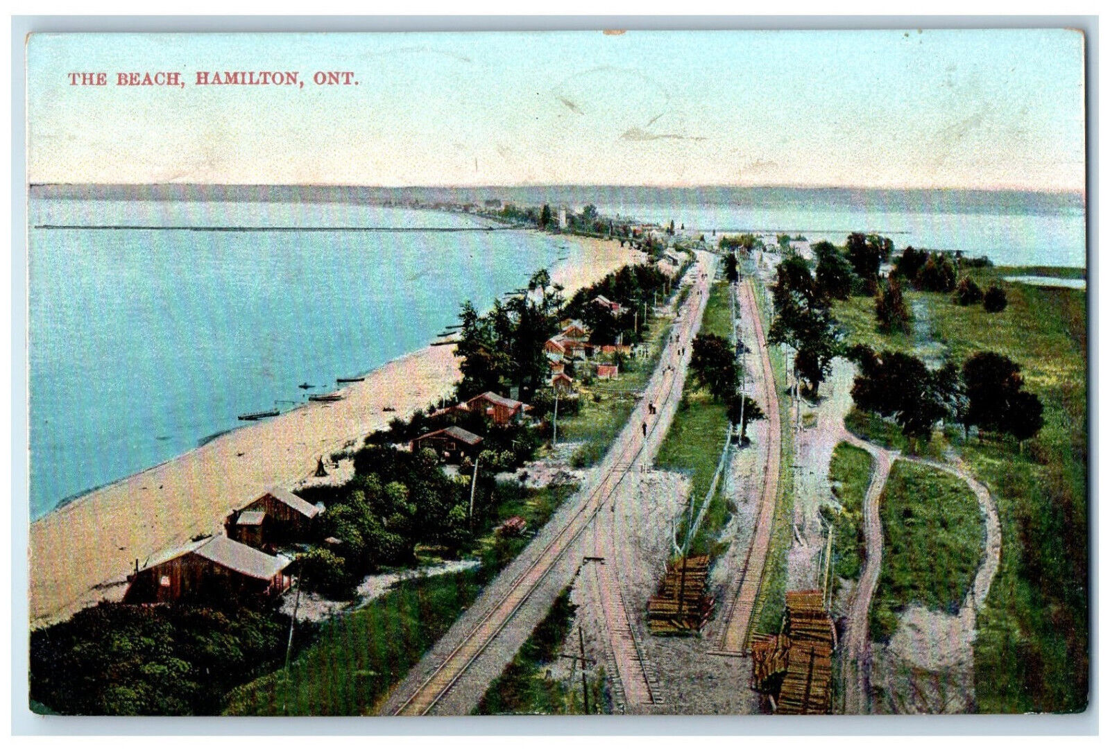 c1910 Aerial View, Road, Houses The Beach Hamilton Ontario Canada Postcard