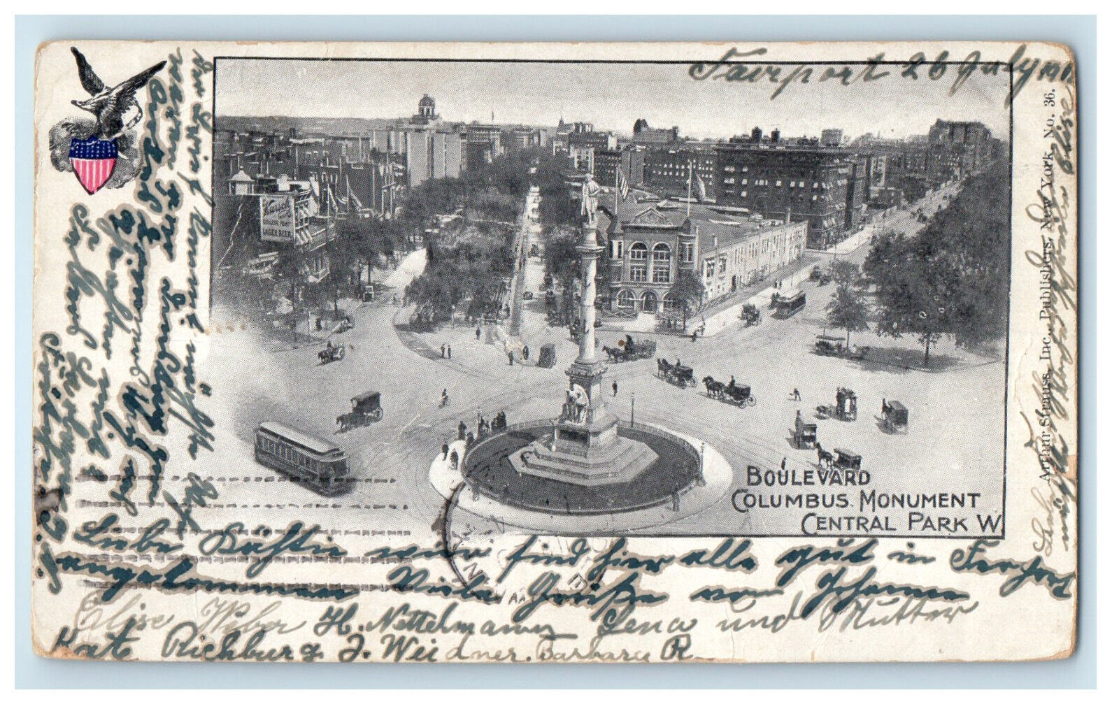 1902 Boulevard Columbus Monument Central Park PMC Posted Antique Postcard