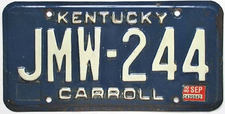 Vintage Blue Kentucky 1988 License Plate JMW-244 Carroll County