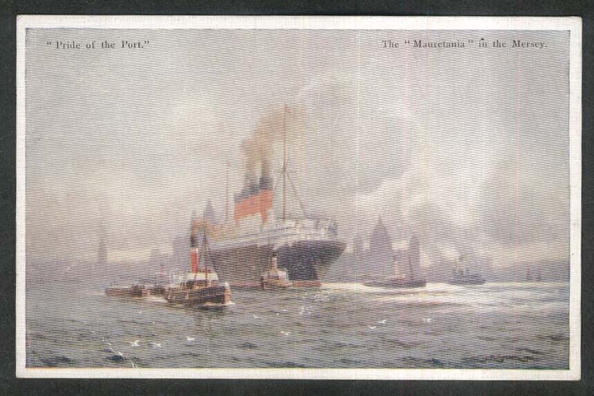Pride of the Port ocean liner Mauretania in the Mersey postcard 1930s