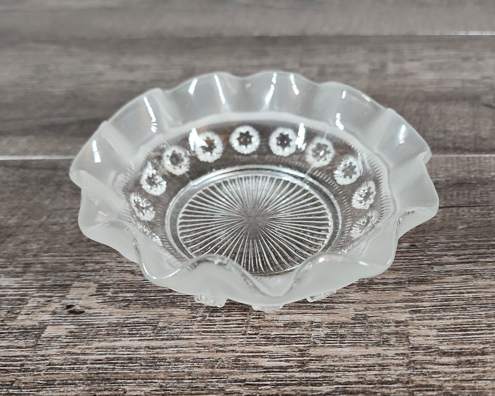 Vintage Knobbed Cut Glass Scalloped Trinket Candy Dish with Frosted Border
