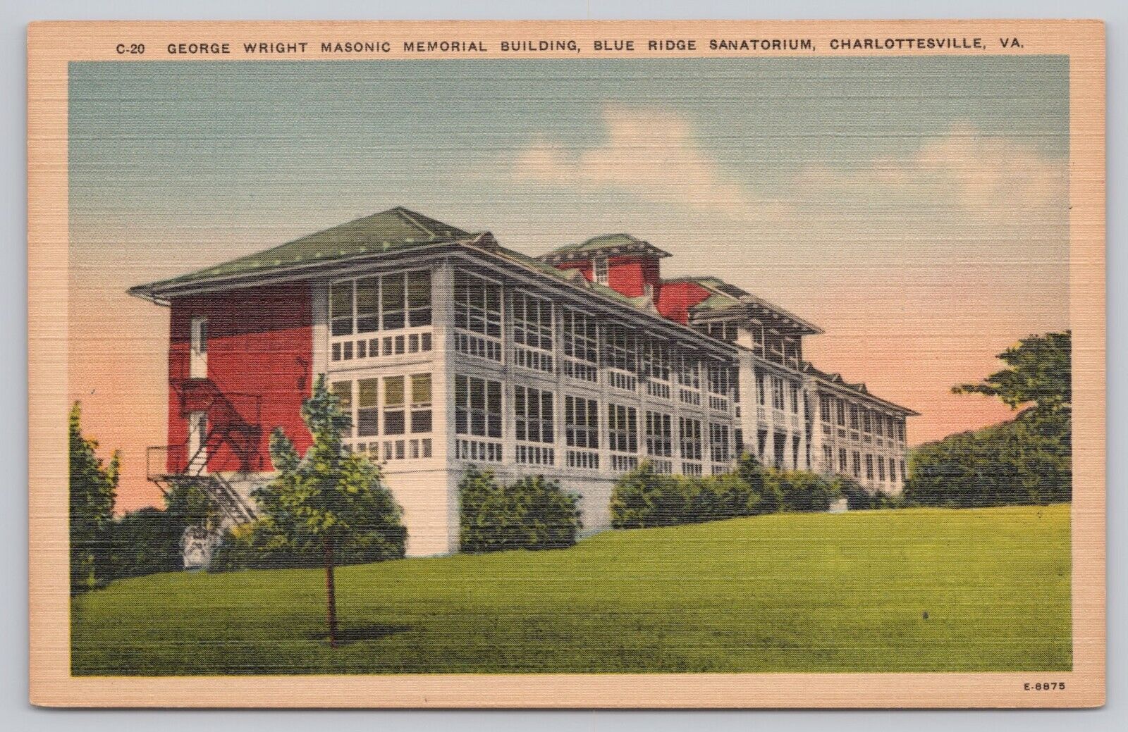 Charlottesville VA, Wright Masonic Mem Bldg, Blue Ridge Sanatorium, Vtg Postcard