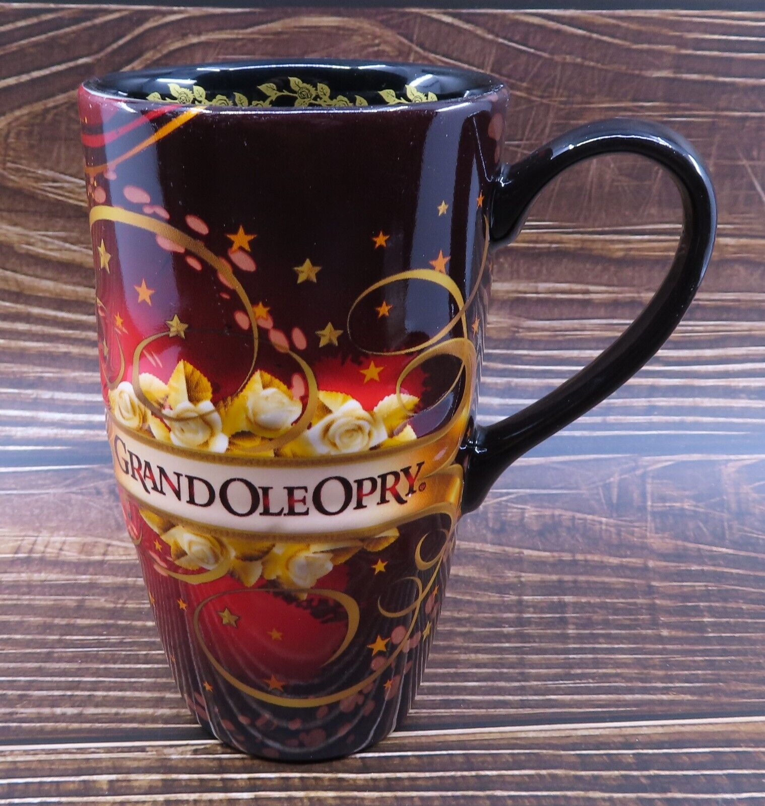 Grand Ole Opry Tall Coffee Mug Ceramic 3D Roses Stars Ribbons Microphone