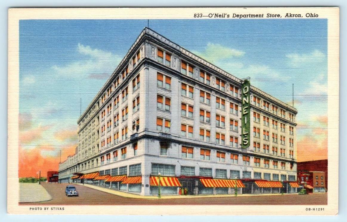 AKRON, Ohio OH ~ Street Scene O\'NEIL\'S DEPARTMENT STORE c1940s Linen Postcard