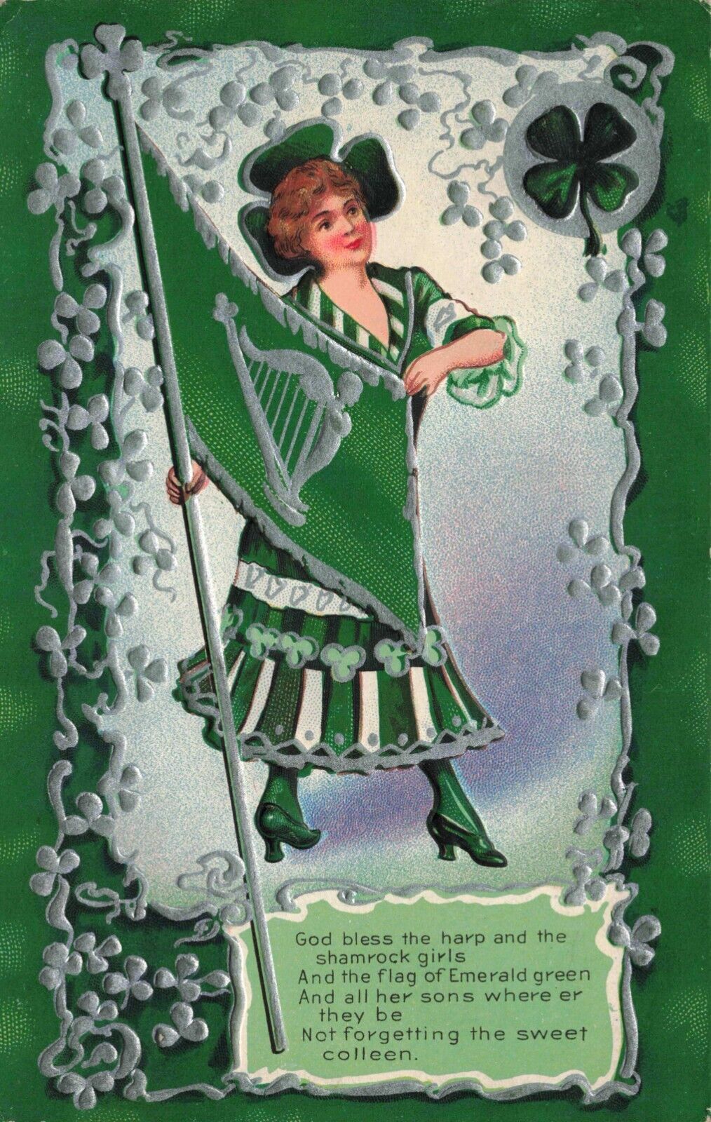 St Patricks Day Irish Shamrock Girl with Flag Pretty Silver & Embossed Postcard
