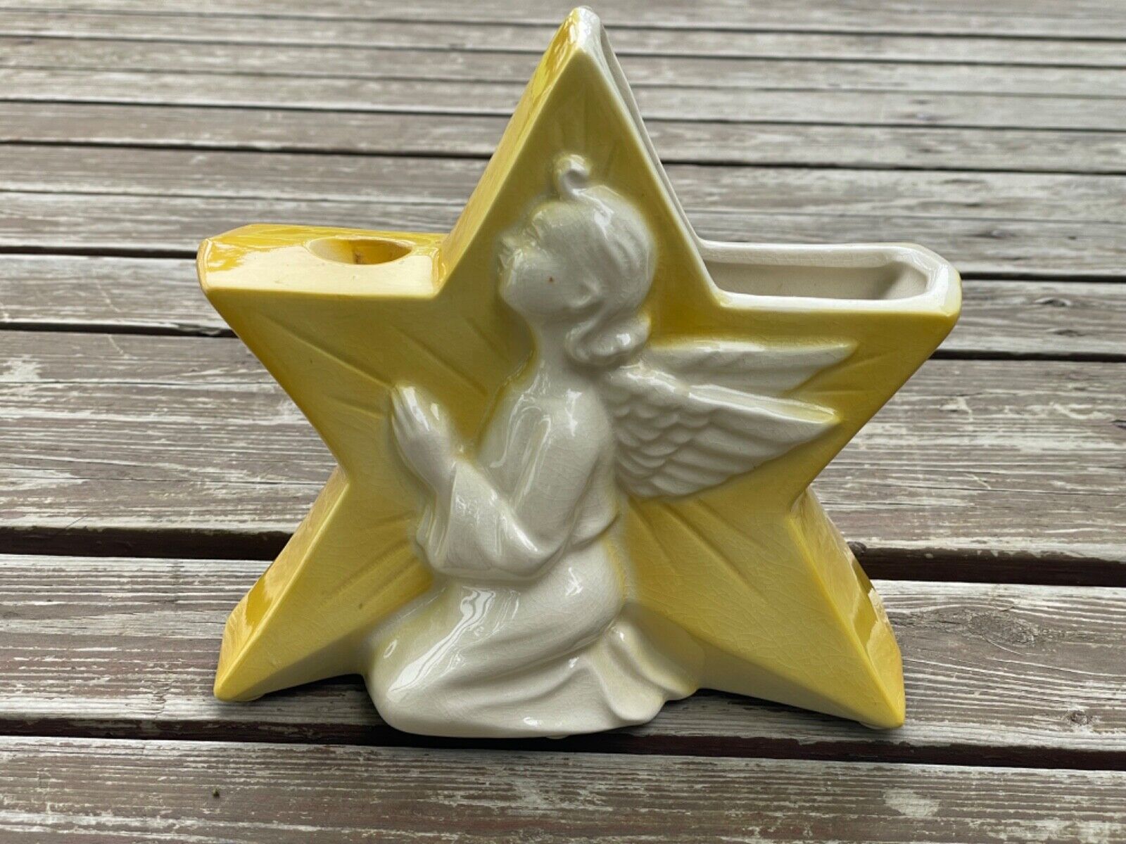 Vintage Royal Copley Praying Angel Star Planter & Candle Holder 50s Yellow White