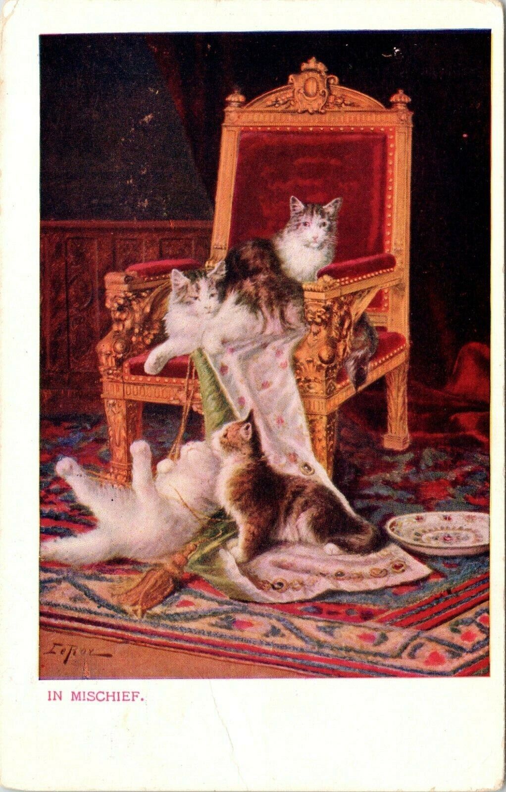 C.1906 Artist Signed Jules LeRoy Adorable Kittens IN MISCHIEF Cat Postcard 821