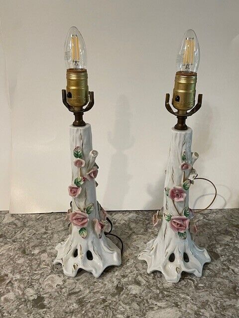 Pair of Campodimonte Style  Lamps with  Raised Porcelain Roses