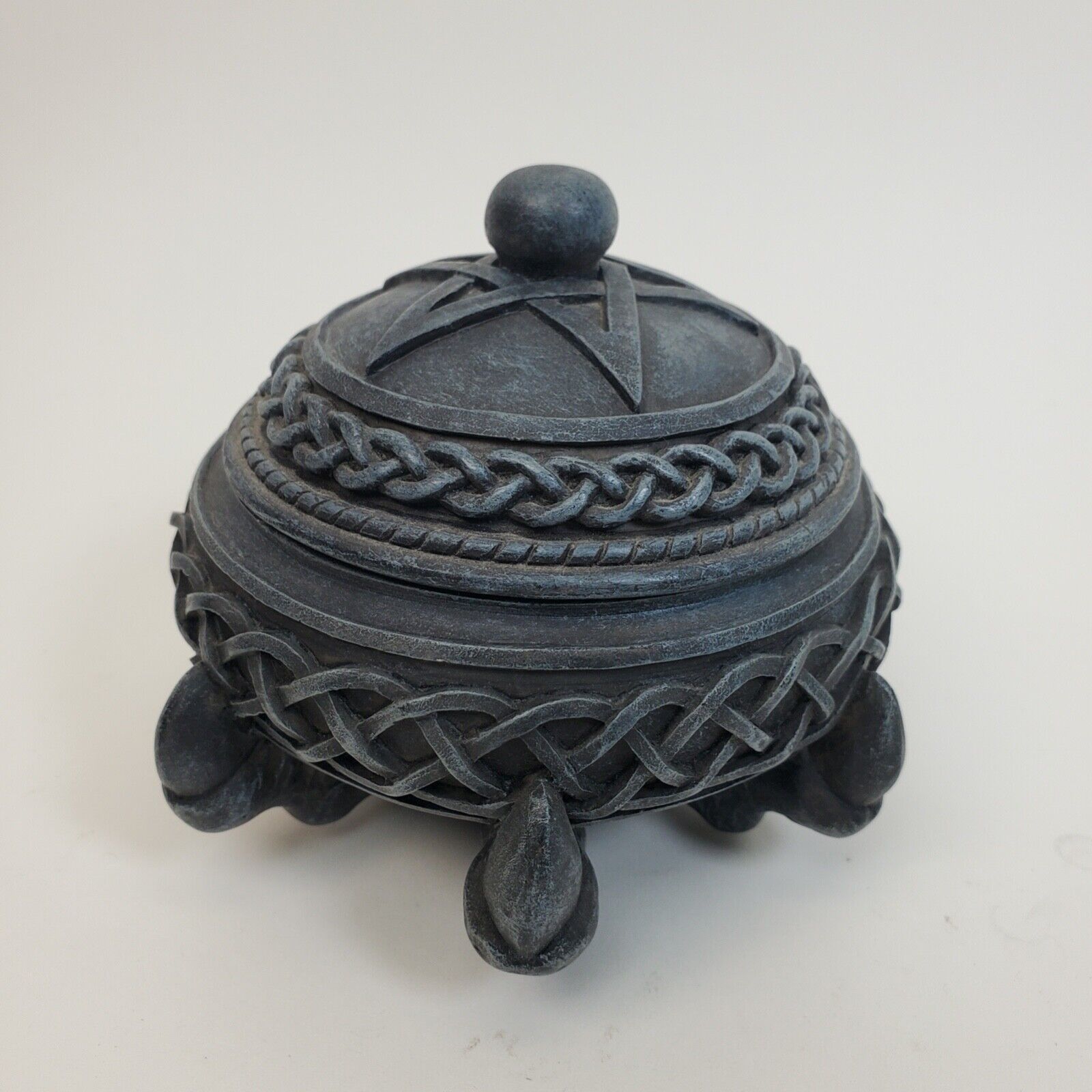 Resin Dragon Claw Holding Celtic Cauldron w/Pentagram Lid Jewelry/Trinket Box
