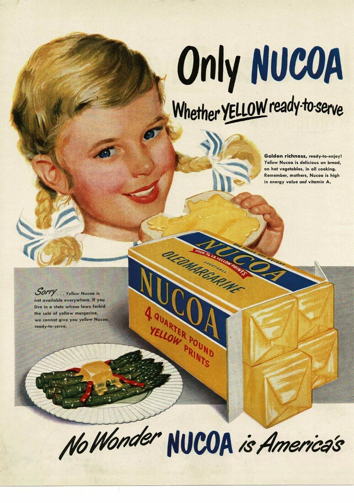 1950 NUCOA Yellow oleomargarine Little girl with braids art Vintage Ad 