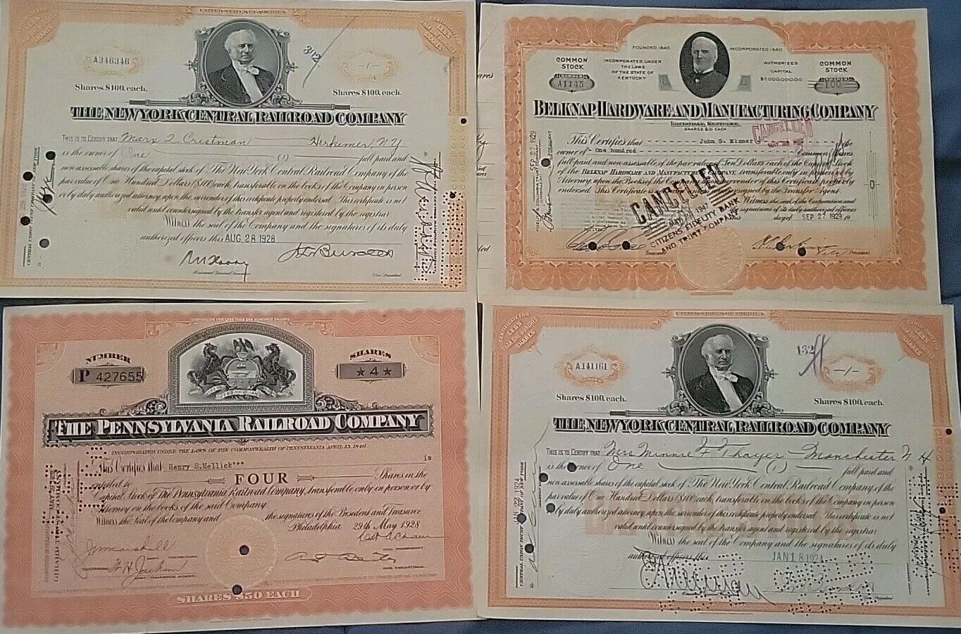 Collection of 4 1920\'s Dated American Stock Certificates