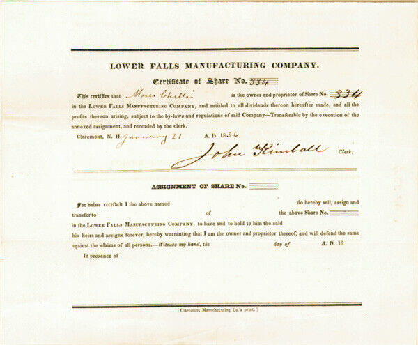 Lower Falls Manufacturing Co. - Early Stocks and Bonds
