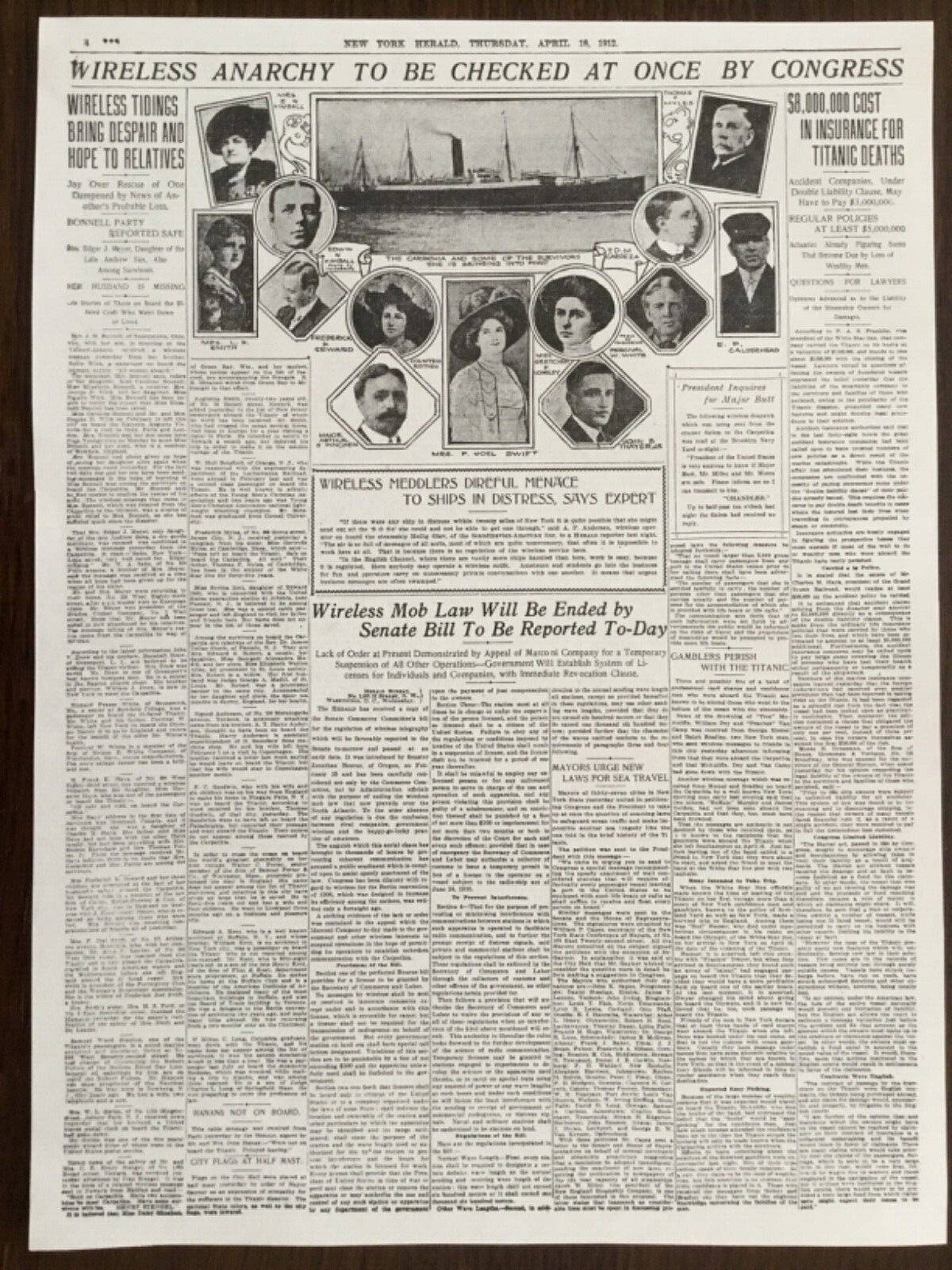 TITANIC DISASTER 18TH APRIL1912 NEWSPAPER/POSTER 1 PAGE/2 SIDES, NEW YORK HERALD