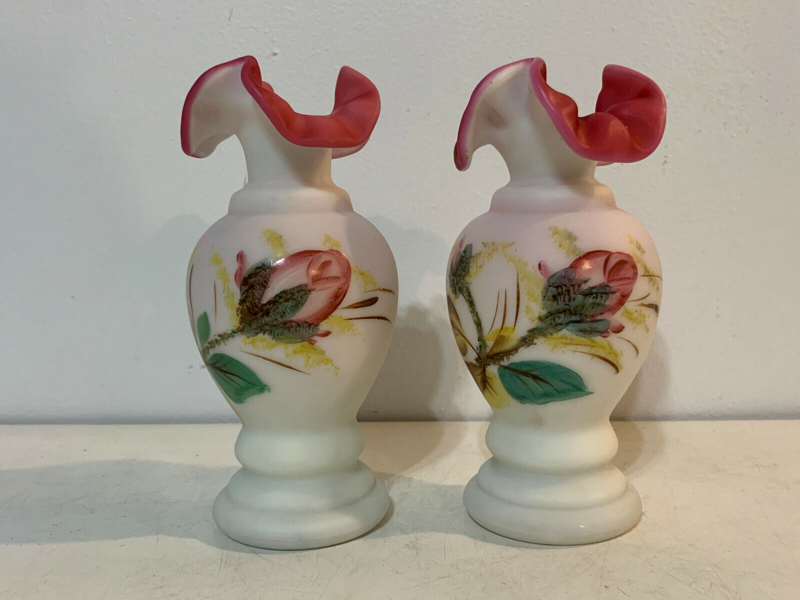 Antique Pink & White Satin Glass Pair of Vases w/ Pink Flower Decoration