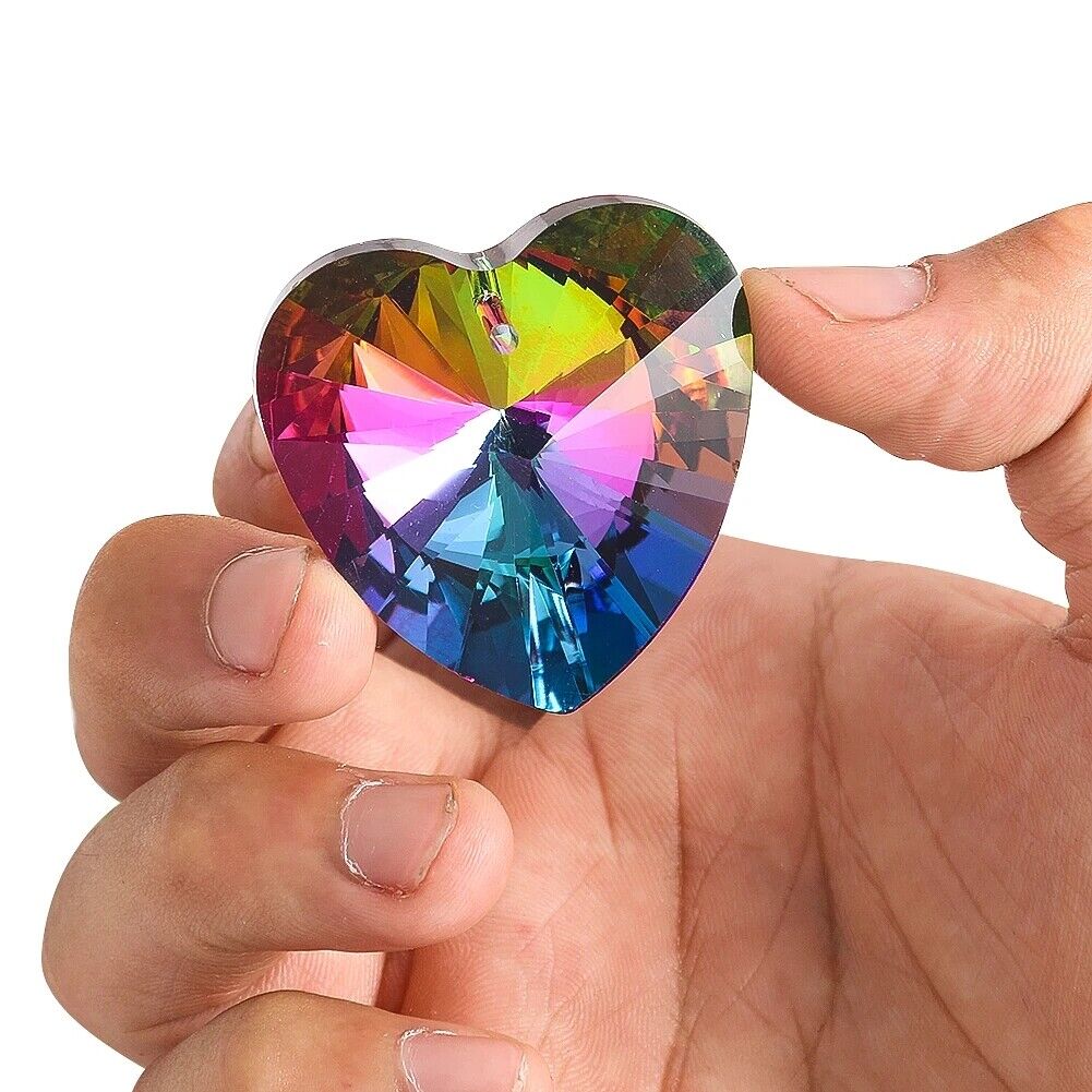 2PC 40mm Iridescent Heart Crystal Suncatcher Glass Chandelier Hanging Prism 