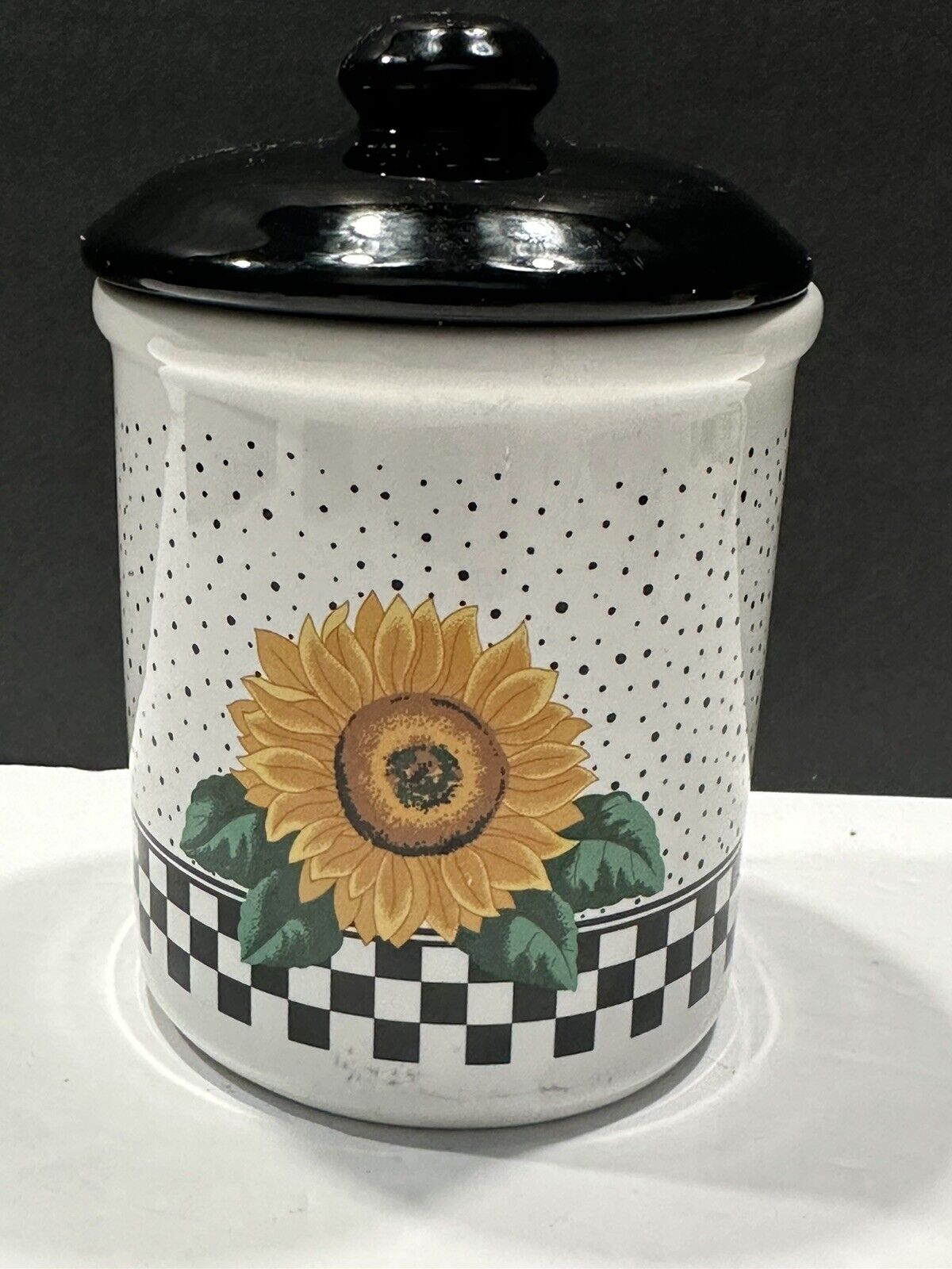 Tabletops Unlimited Sunny Yellow Sunflower Canister w Black Checkered Trim EUC