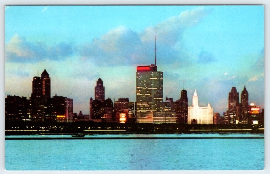 Chicago Skyline And Lake Front At Night Unused Vintage Postcard LDP-30