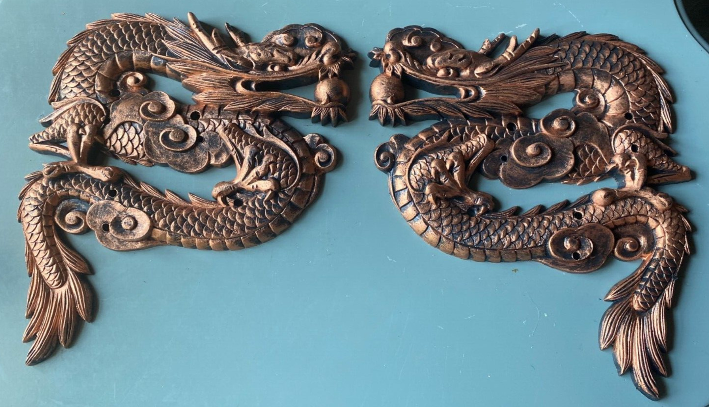 Vintage Pair of Heavy Plastic Chinese Dragons Copper in Color 9\