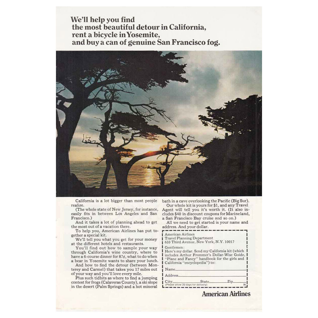 1967 American Airllines: Most Beautiful Detour in California Vintage Print Ad