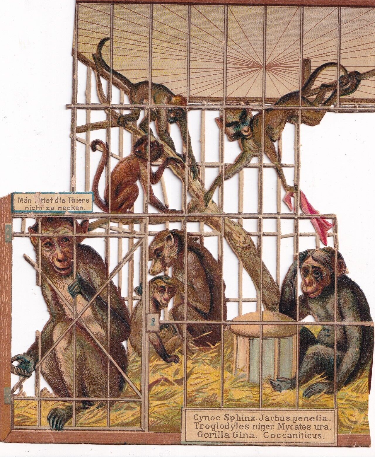 Antique INTRICATE Victorian Die Cut Scrap Card- AWESOME Monkeys in Cage