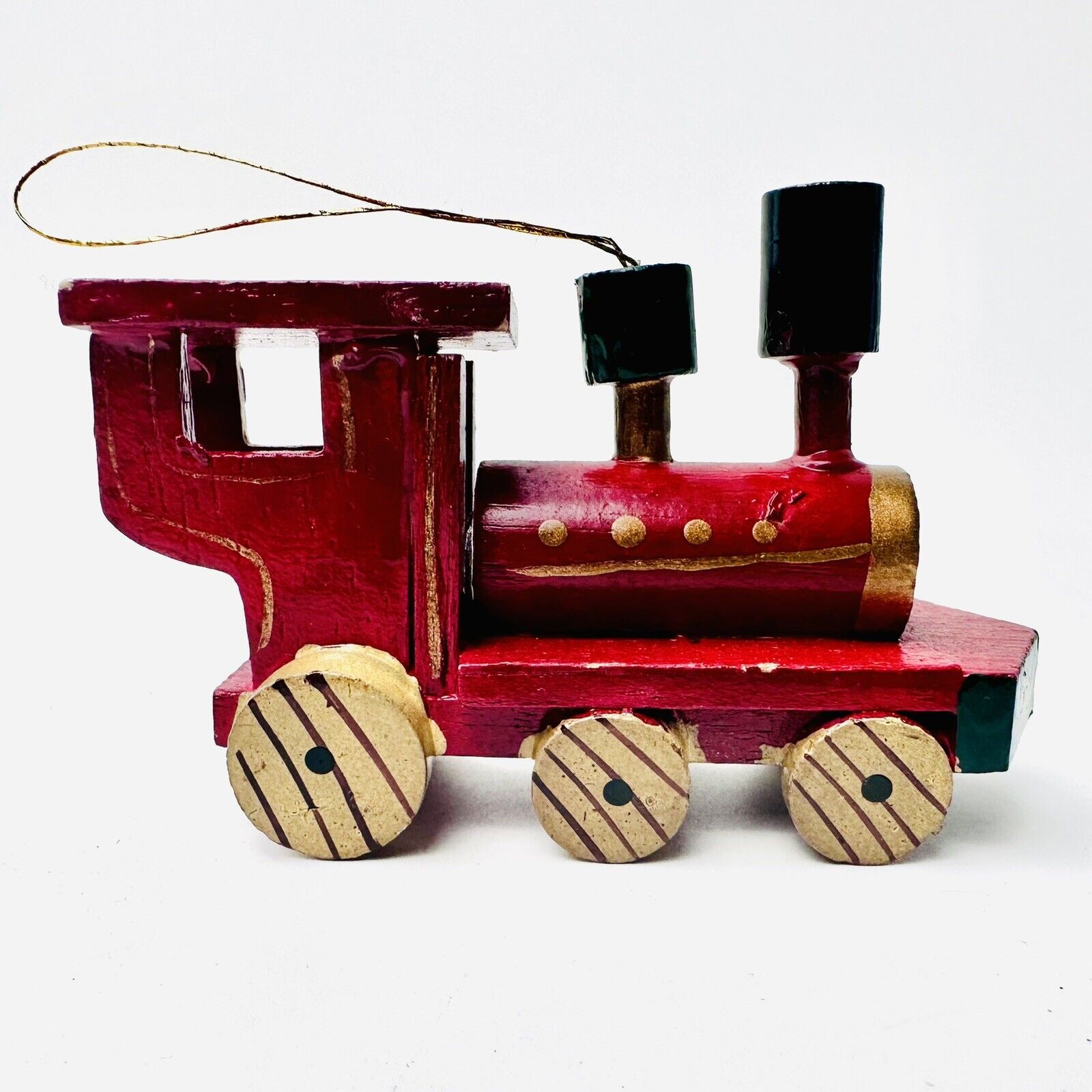 Vintage Russ Berrie Wooden Train Christmas Ornament Red Gold Accent Hand Painted