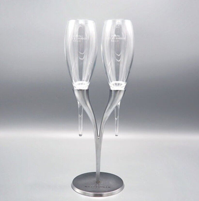 2 Moet & Chandon Champagne Elegant Stemless Pomponne Flutes W/Silver Holder NEW