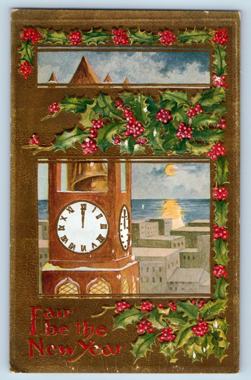 East Peru Iowa IA Postcard New Year Clock Tower Holly Berries Embossed c1910\'s