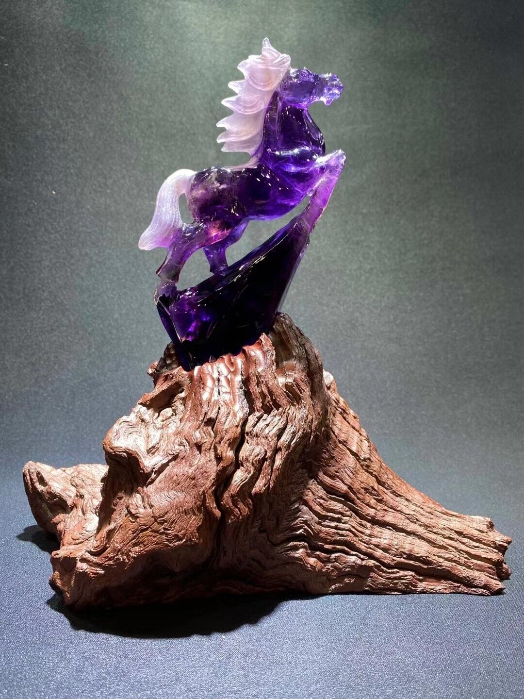 326g Rare Natural amethyst Quartz hand carved Crystal horse Decoration+stand