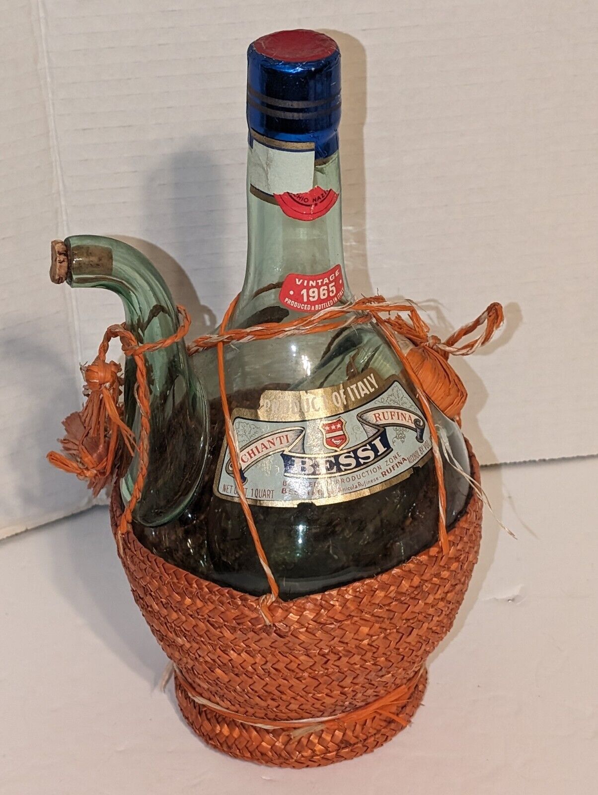 Vintage 1965 Chianti Green glass Wine Decanter Bottle wicker basket Italy  EVC
