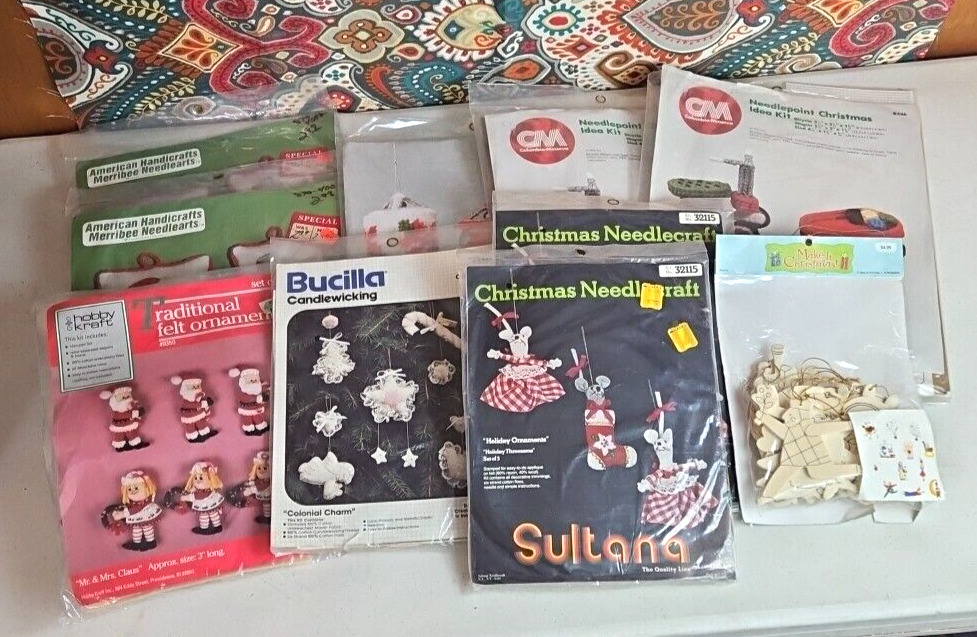 Large Lot of Vtg Christmas Craft Items Packaged Santa Angel Dove Nutckacker
