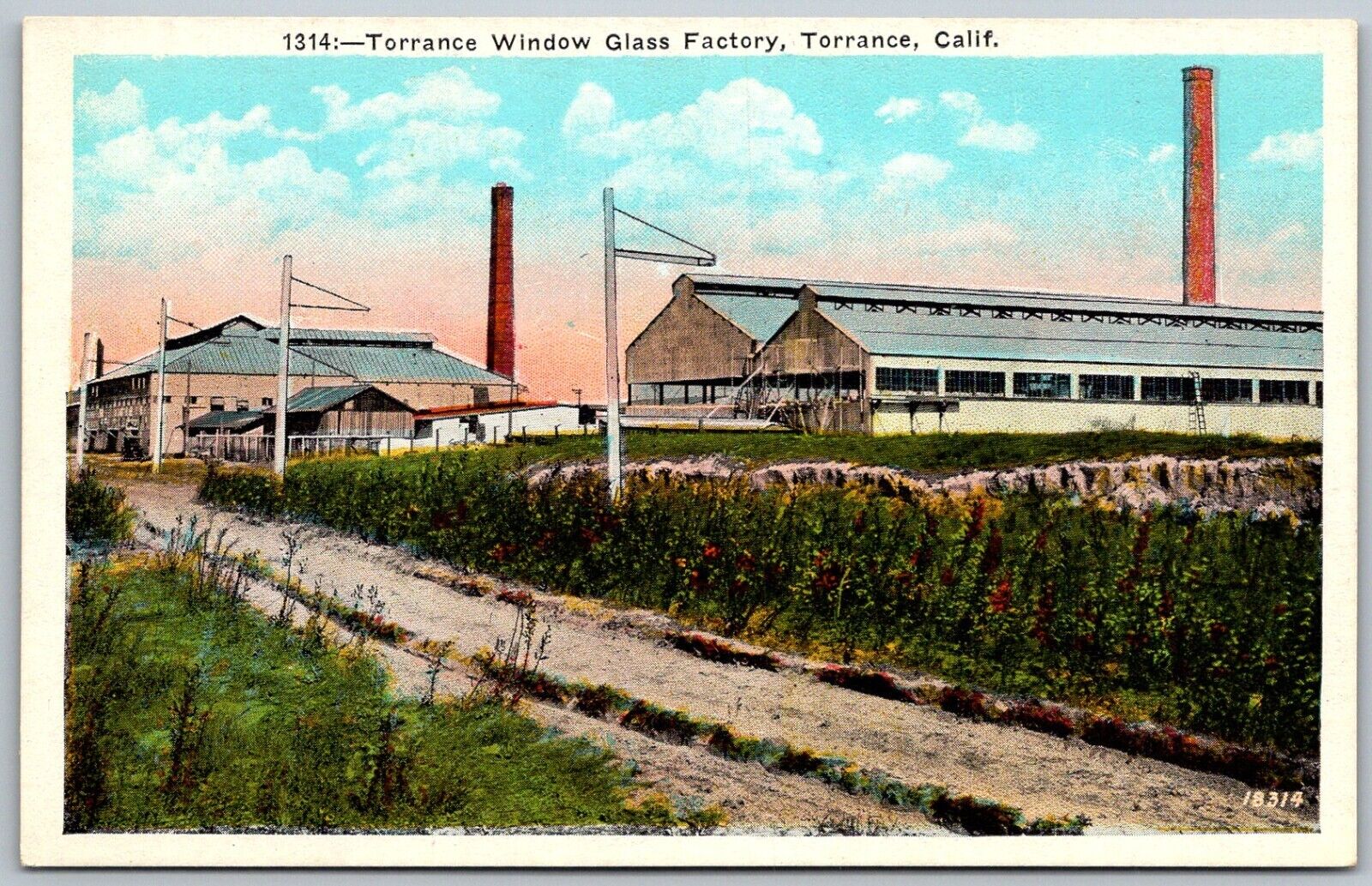 Torrance California c1920 Postcard Torrance Window Glass Factory Smokestack Road