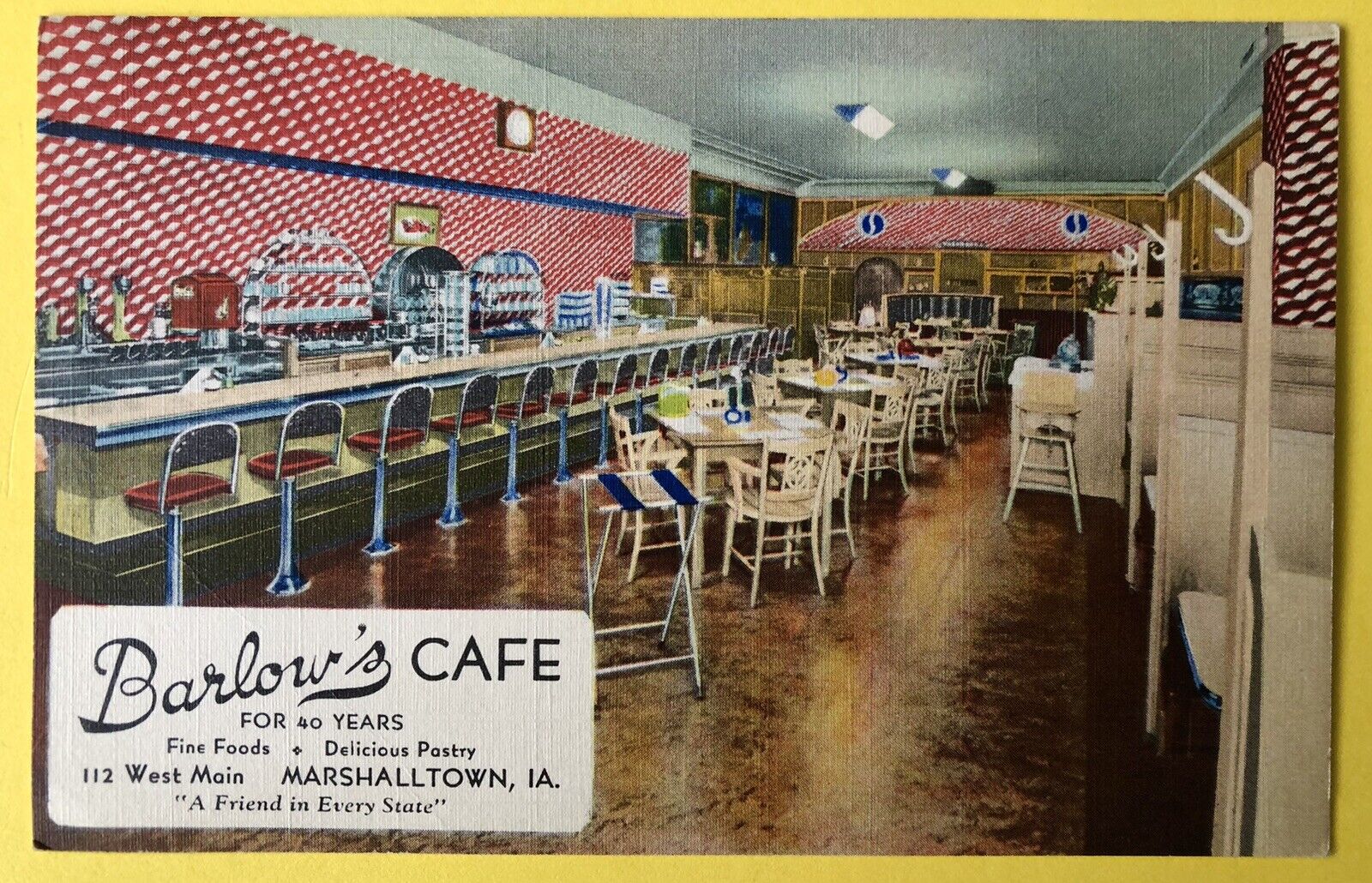 Vintage Postcard 1940 Linen Barlow’s Café 112 W Main View Marshalltown ￼Iowa IA