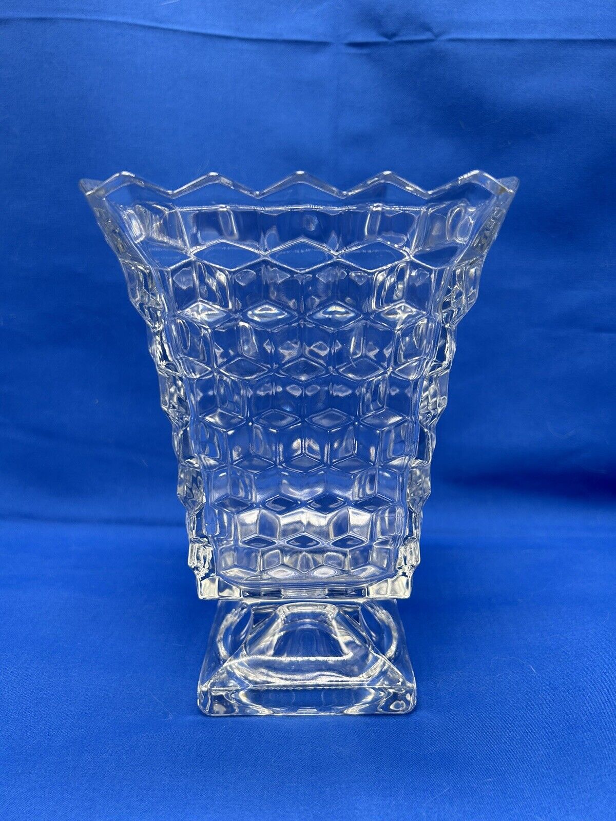 Fostoria American Cubist 1950's clear square footed vase 7.5” tall glass EUC VTG