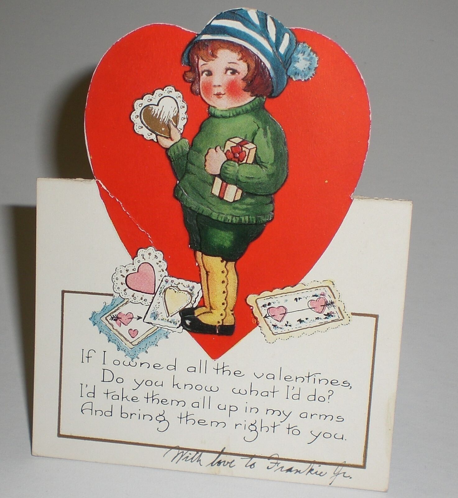 Valentine Child Holds Valentines Card Vintage Die Cut Fold Out Stand Up