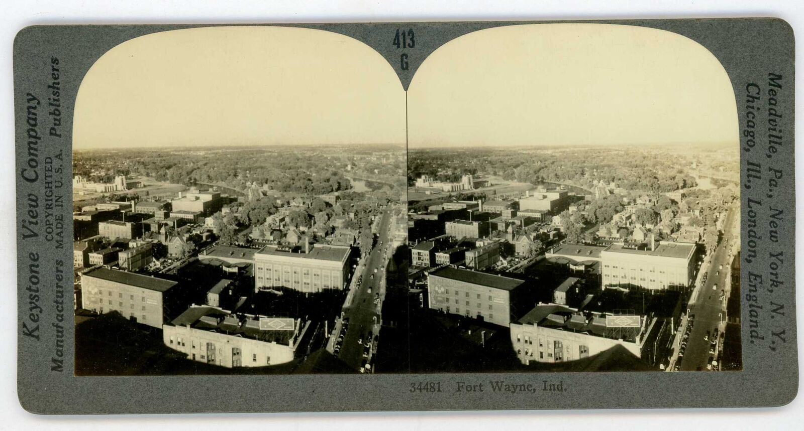 FORT WAYNE INDIANA BIRD\'S EYE VIEW Lincoln Highway Stereoview 34481 g413a