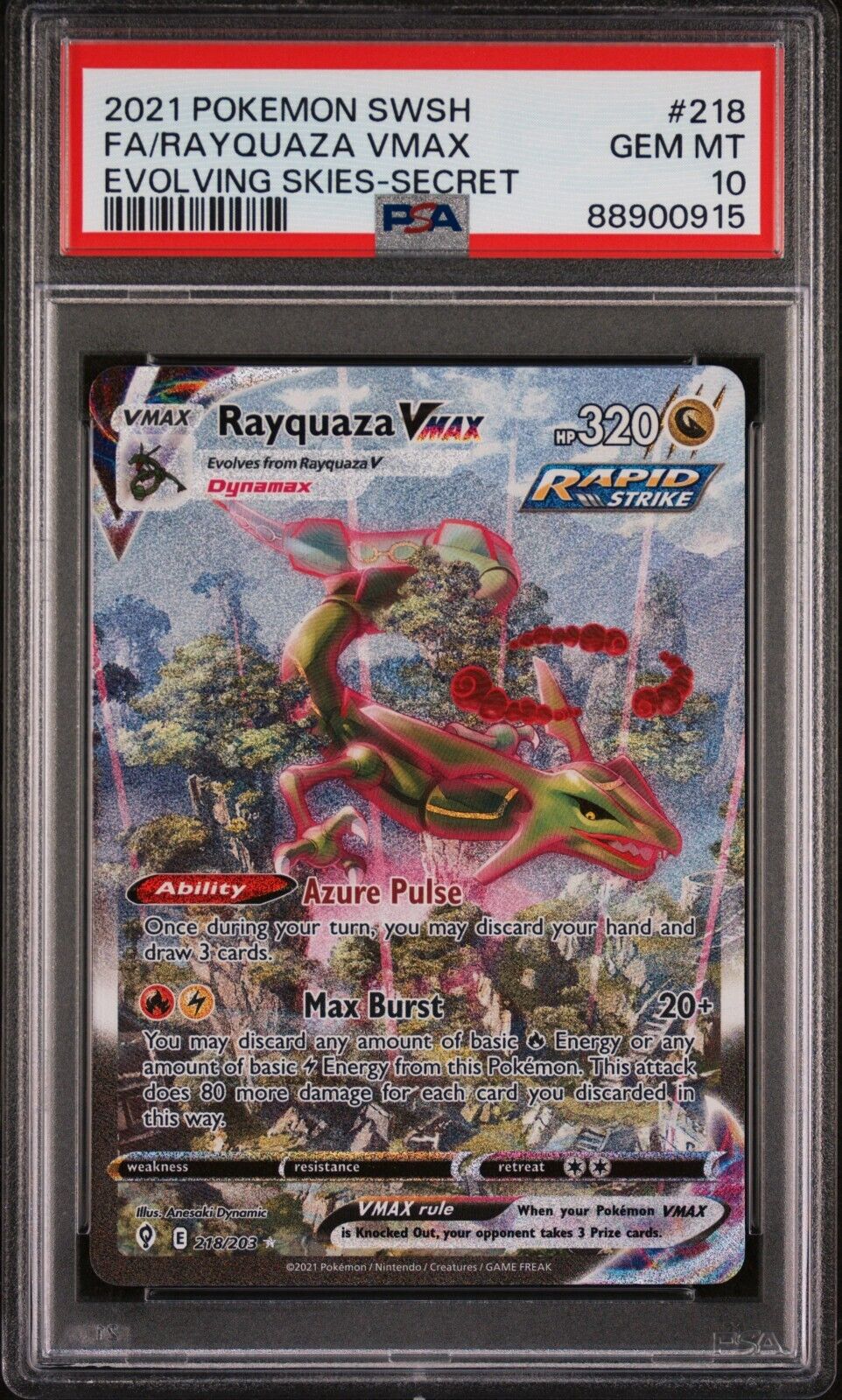 PSA 10 Rayquaza VMAX Full Art 2021 Pokemon Card 218/203 Evolving Skies
